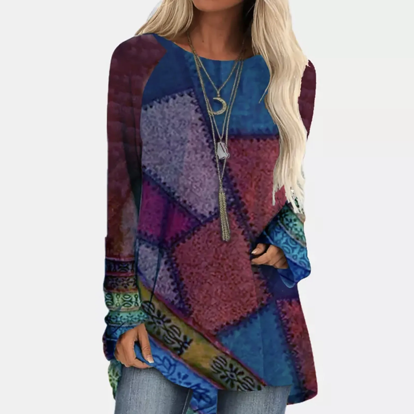 Женский модный топ с длинным рукавом свободная футболка круглым вырезом и