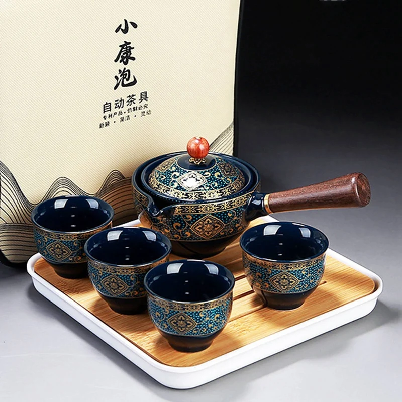 

Portable Flower Exquisite Chinese Gongfu Kung Fu Tea Set Ceramic Teapot W/Wooden Handle Side-handle Pot Cup Teaware Dropshipping