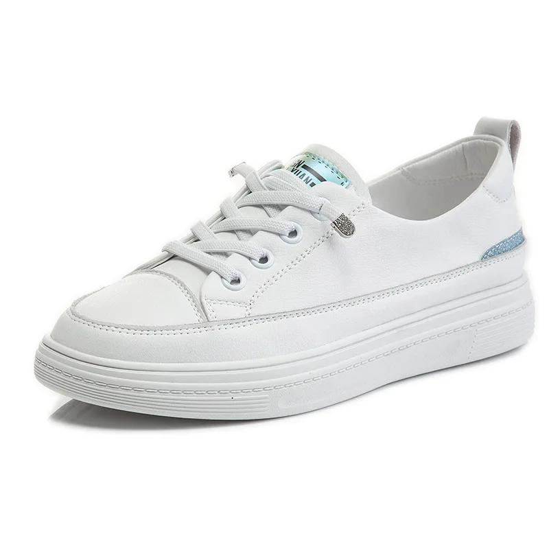 

2021 Genuine Leather Casual Shoes White Sneakers Women Vulcanized Shoes Slip on Lacing Loafers Autumn Female Low Platform Flats