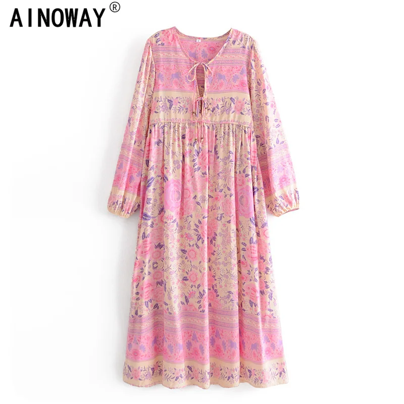 Винтажное шикарное Женское Платье макси с длинным рукавом галстуком-бабочкой