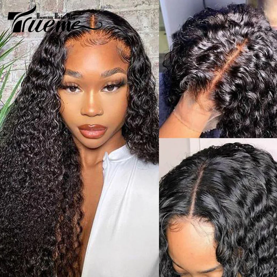 Trueme Deep Wave Lace Front Human Hair Wigs Brazilian Pre Plucked Deep Curly Transparent T Part Lace Human Wig For Black Women