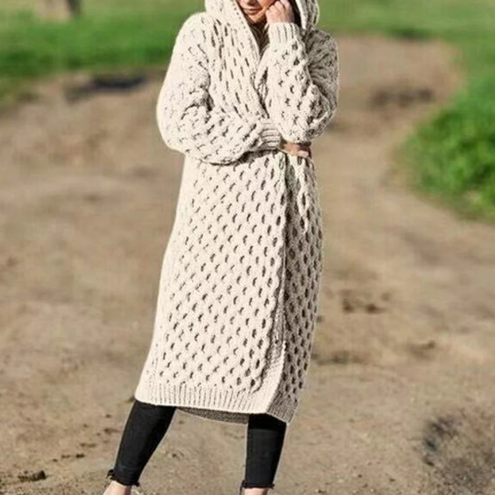 Women Knitted Cardigan Winter Thick Warm Hooded Long Female Sleeve Vintage Sweater Outerwear Plus Size 5xl Coats |