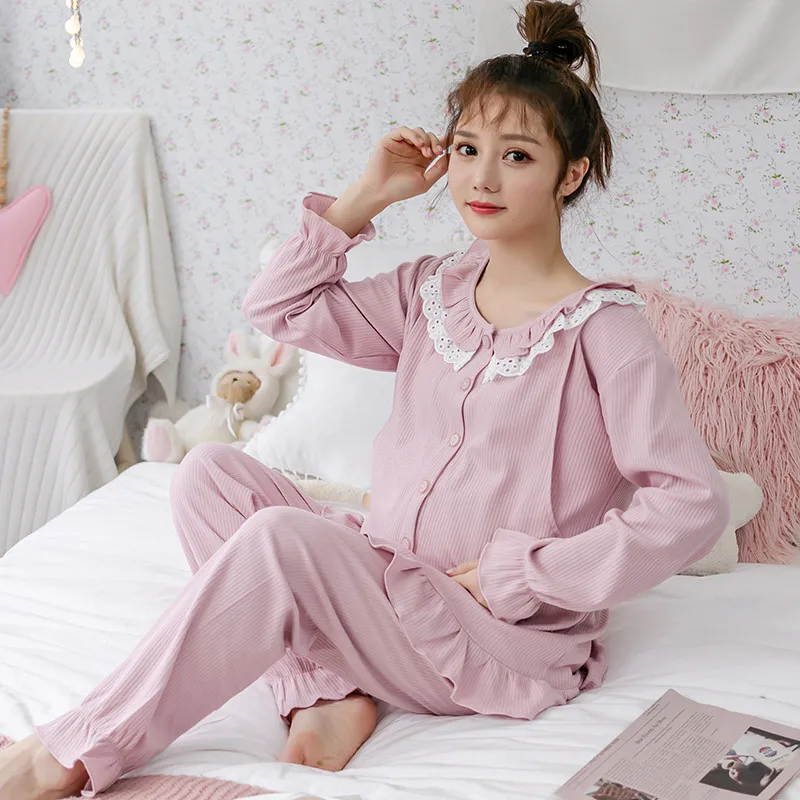 Пижама для беременных и кормящих женщин осенняя хлопковая свободная большого