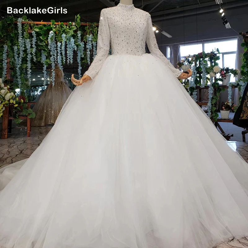 2020 Новое мусульманское свадебное платье с высоким воротом и длинными рукавами