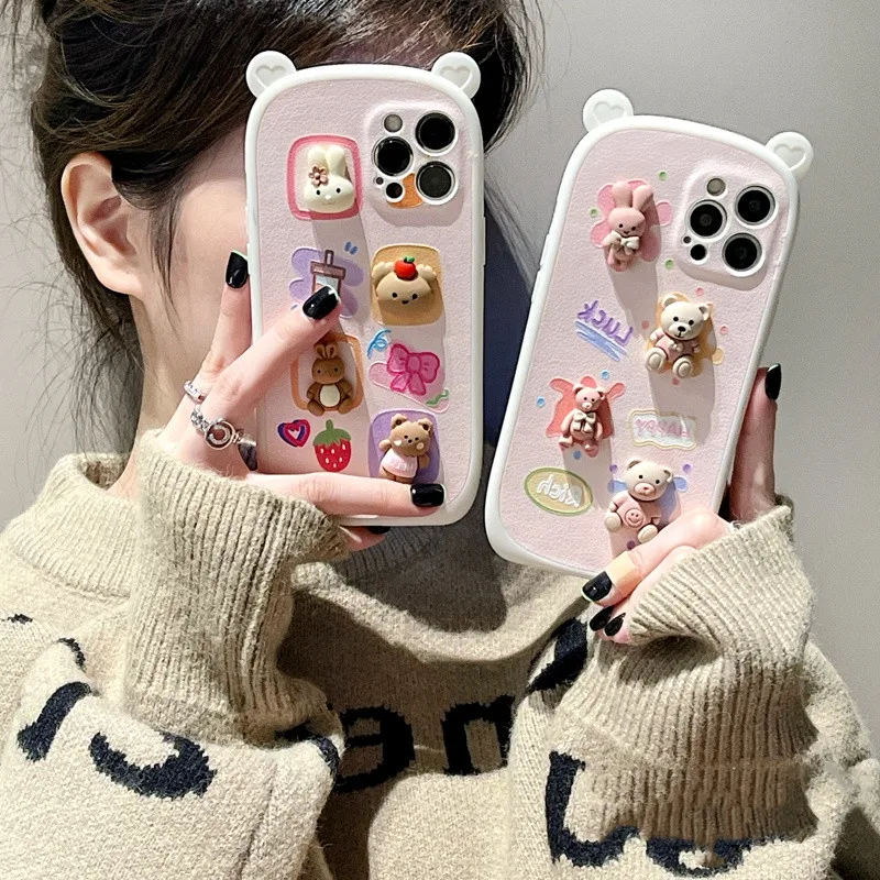 

Новый милый 3D чехол для телефона с сердечками, медведем, ушами для iPhone 11, 12, 13 Pro, X, XR, XS Max, 7, 8 Plus, мягкий кожаный чехол-накладка с 3d-медведем, кро...