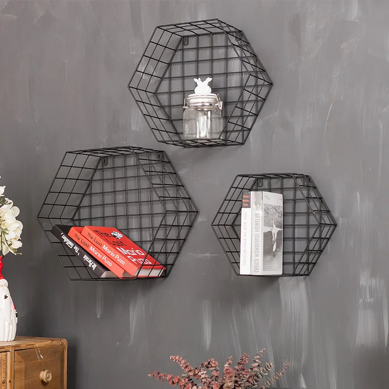 Современная железная шестиугольная сетка настенная полка для хранения