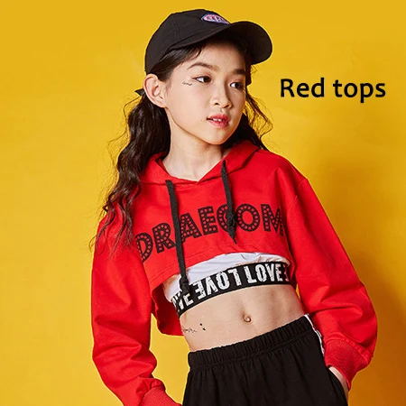 Red tops Детские джазовые танцевальные костюмы для девушек в стиле хип-хоп, красная одежда для выступлений, детская одежда для улицы/современного танца, подиумный показ, DQL036 - Цвет: Red tops