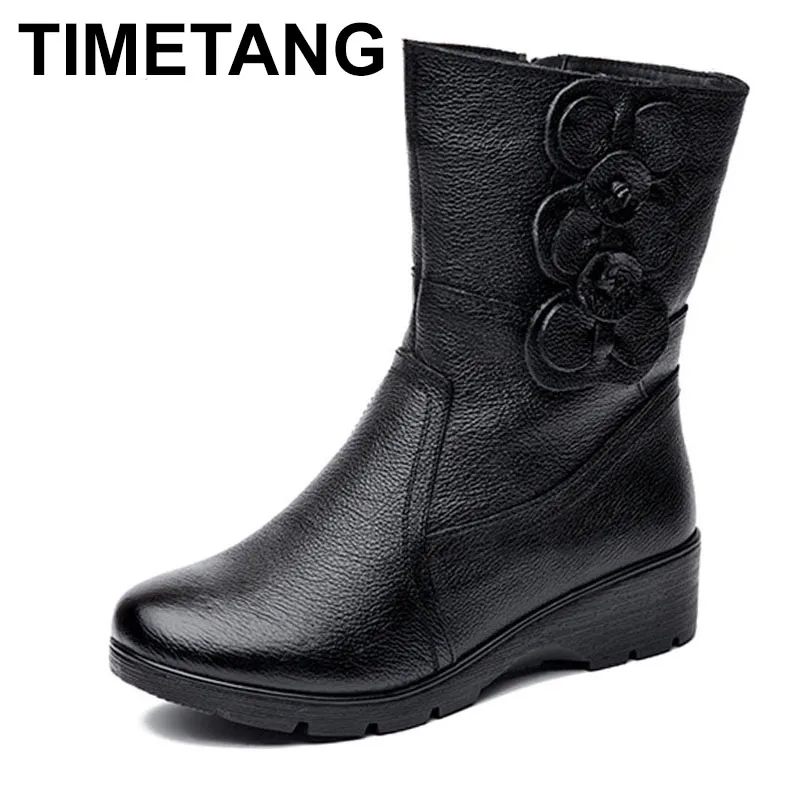 TIMETANGFashion/модные женские зимние сапоги; зимние плюшевые теплые сапоги до середины икры на толстой танкетке с боковой молнией; милые сапоги; зимние сапоги с цветами; MotherE1110