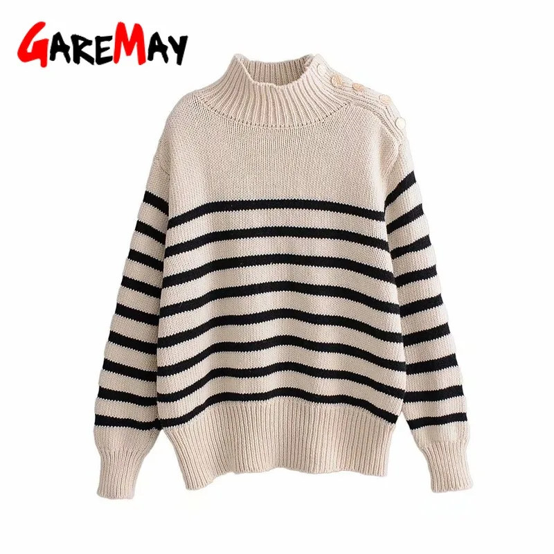 Женская водолазка в полоску белый вязаный джемпер большого размера на пуговицах