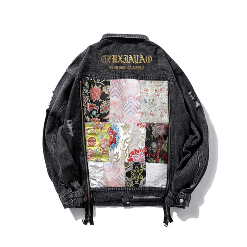 

Мужская джинсовая куртка KIMSERE, с вышивкой, рваная, в стиле хип-хоп, с двойными молниями, уличная одежда