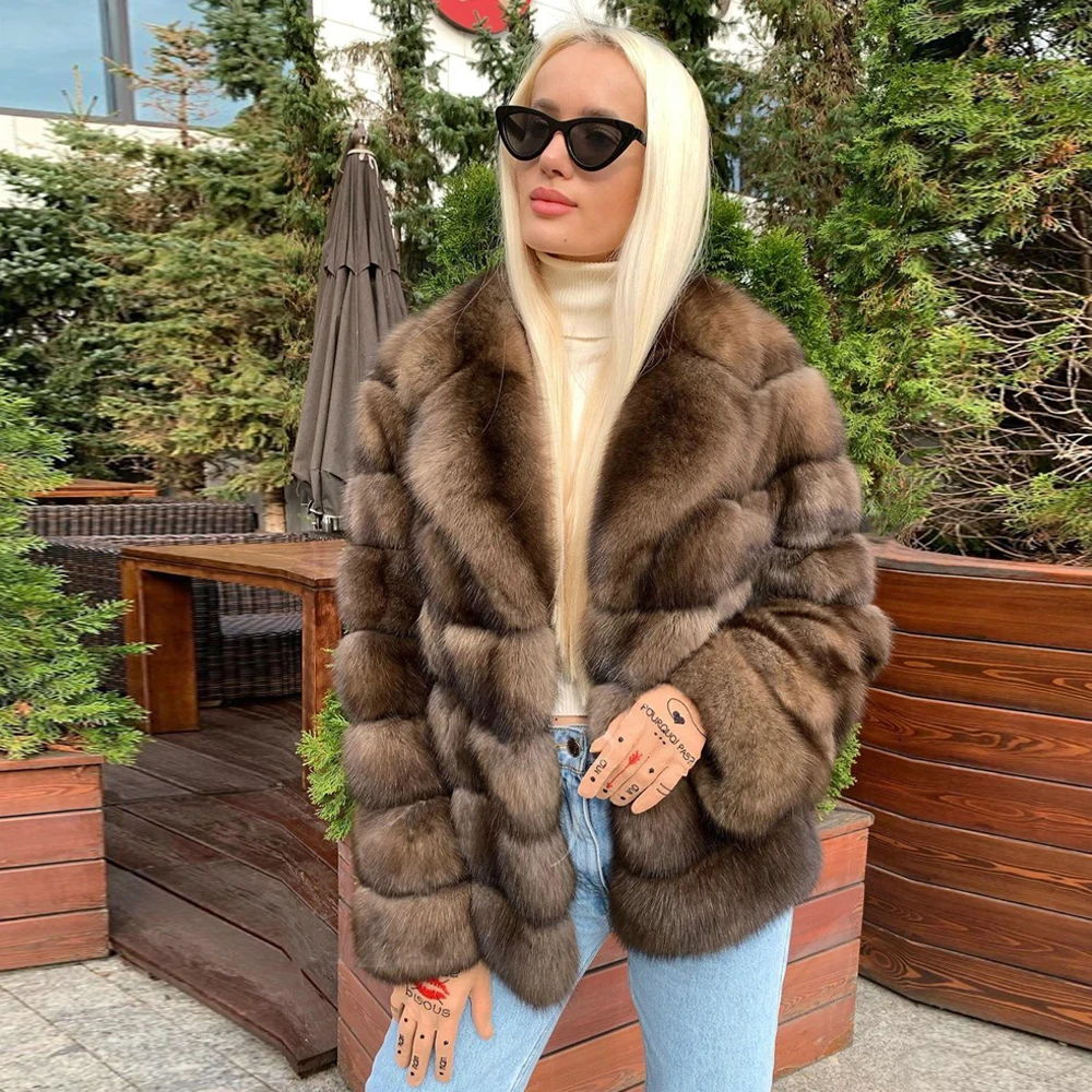 

Роскошная женская куртка из натурального Лисьего меха с воротником с лацканами, модное соболиное пальто из натурального Лисьего меха, Женс...