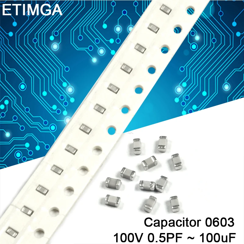 

100Pcs/Lot 0603 100V SMD Chip Multilayer Ceramic Capacitor 0.5pF to 100uF 1 1.8 2.2 4.7 5.6 8 10 15 18 22 24 27 33 47 56 pF uF