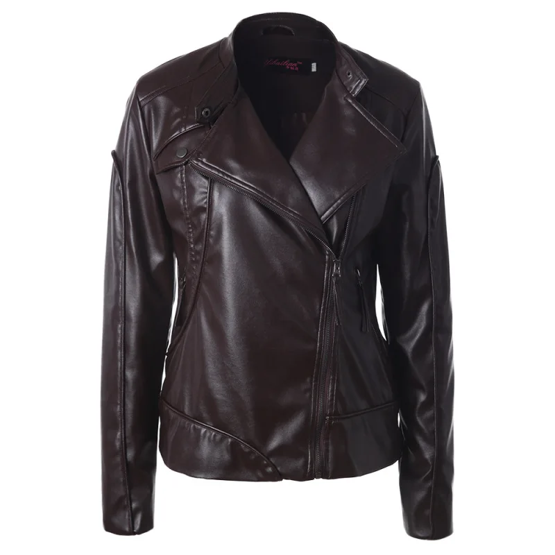 

Fall/winter Women's Solid Color Stand-up Collar Side Zipper PU Leather Motorcycle Jacket Jacket Top Women
