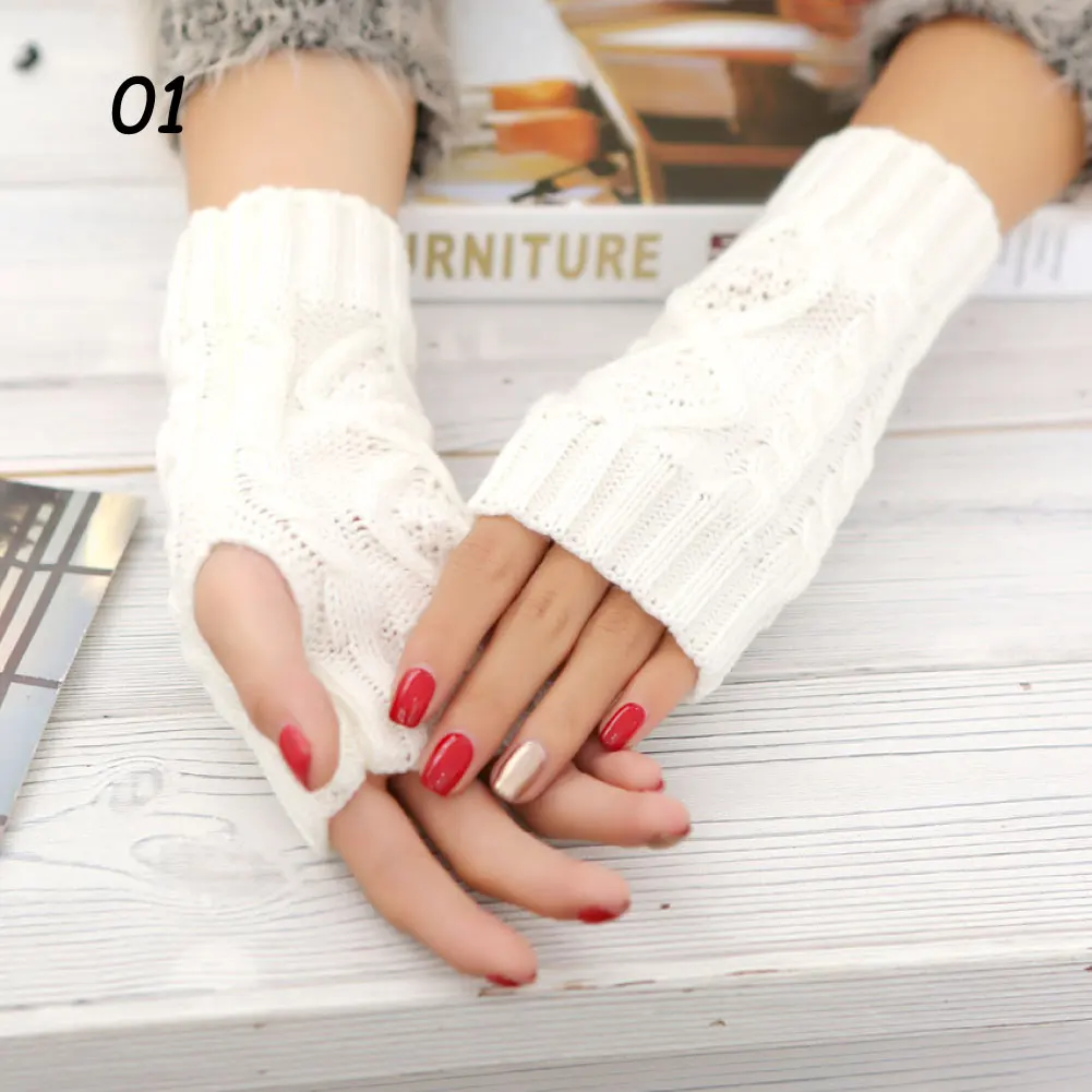 01 White Gloves Sparsil, женские зимние вязаные перчатки без пальцев, теплые шерстяные вязаные перчатки, 20 см, жаккардовые варежки на половину пальцев, эластичные короткие Защитные перчатки на запястье - Цвет: 01 White Gloves