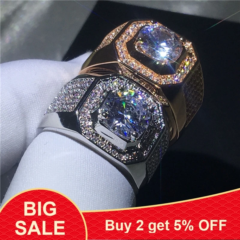 Кольцо мужское из белого золота с фианитом 3 карата 5 А 2 цвета | Украшения и
