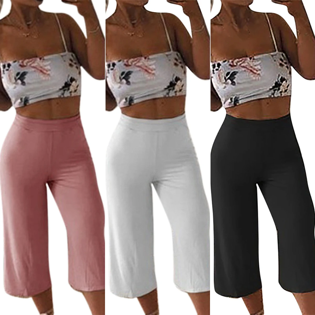 

Women Summer High Waist Loose Flare Trousers Ladies Casual Solid Color Calf-Length Pants Summer