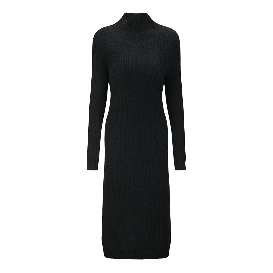 RMORE Inner Mongolian Cashmere цельное платье для женщин Зимний толстый пуловер половина-водолазка с разрезом сбоку ребристый кабель 7 калибра вязаный - Цвет: Black