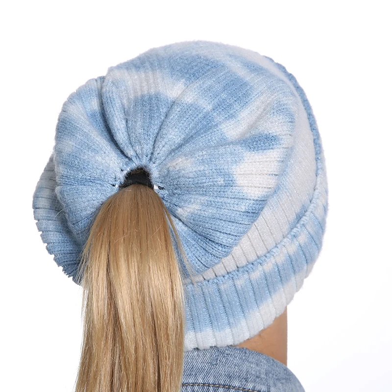 

Women Tie Dye Beanies Solid Winter Knitted Beanies Hat Stitching Outdoor Hats Crochet Knit Cross Beanie Cap LXH