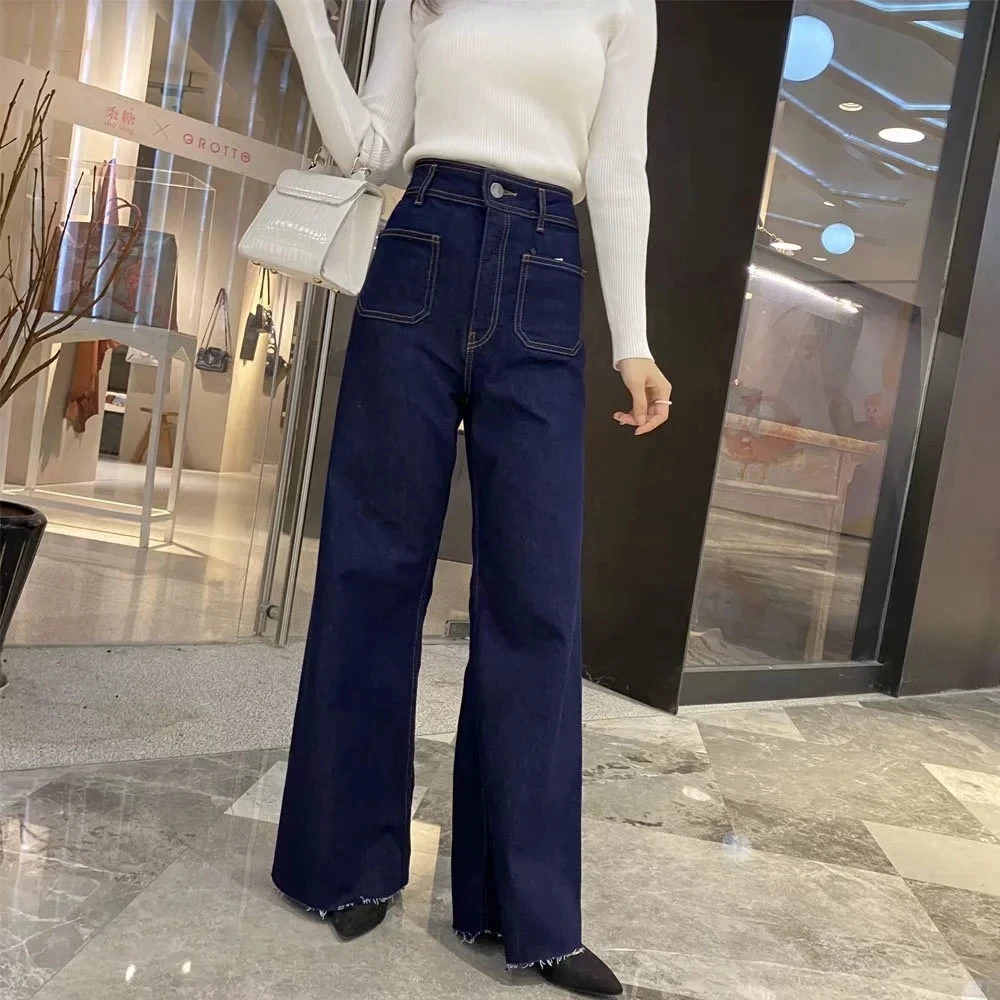 

Withered Vintage Mom Jeans Woman England Style Fashion High Street Loose Burrs High Waist Jeans Double Pockets Jeans For Women