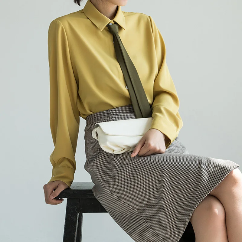 Женская шифоновая блузка с длинным рукавом желтая винтажная рубашка и