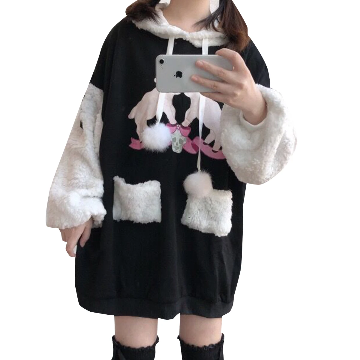 

Толстовка Лолита Kawaii с мультяшным принтом Harajuku оверсайз пэчворк Толстовка с длинным рукавом корейская мода женская одежда зима 2021