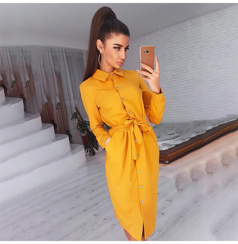 

Women's long-sleeved solid color lapel single-breasted lace-up belt knee-length dress dress for women bandage dress