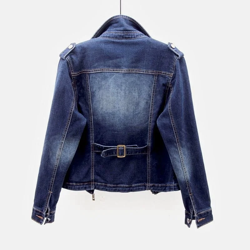 

short jacket women's Elastic spring denim and autumn new suit collar motorcycle jacket thin and versatile top cardigan fashion