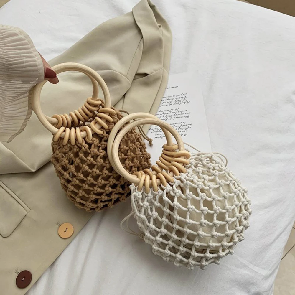 

New Fashion Spring Summer Woven Hollow Cotton Rope Small Top-handle Handbags For Women Solid Color Casual Ladies Mini Handbags