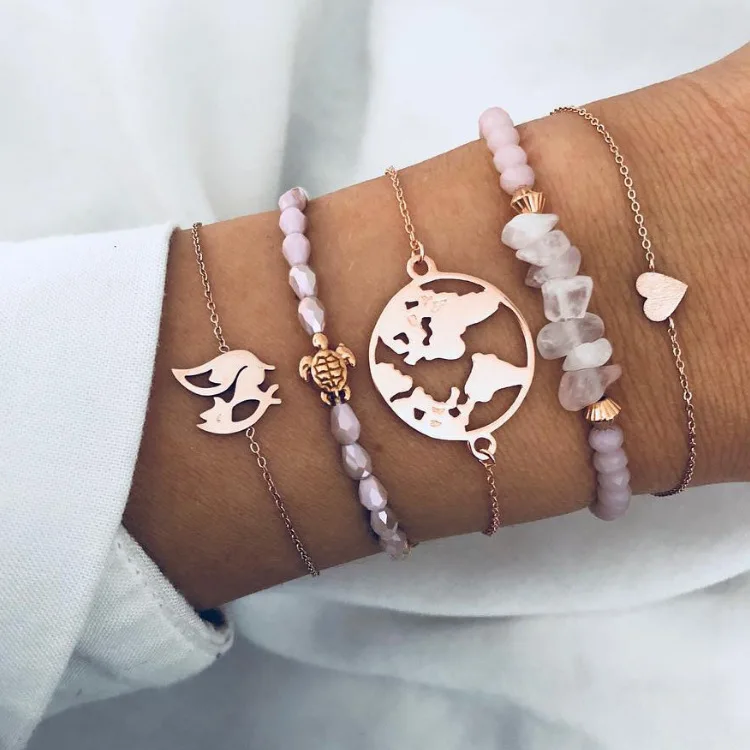 

New Bohemian Chain Bracelet Set For Women Turtle Map Irregular Pink Crystal Heart 5 Piece Bracelet Set Charm Bangle Boho Jewelry