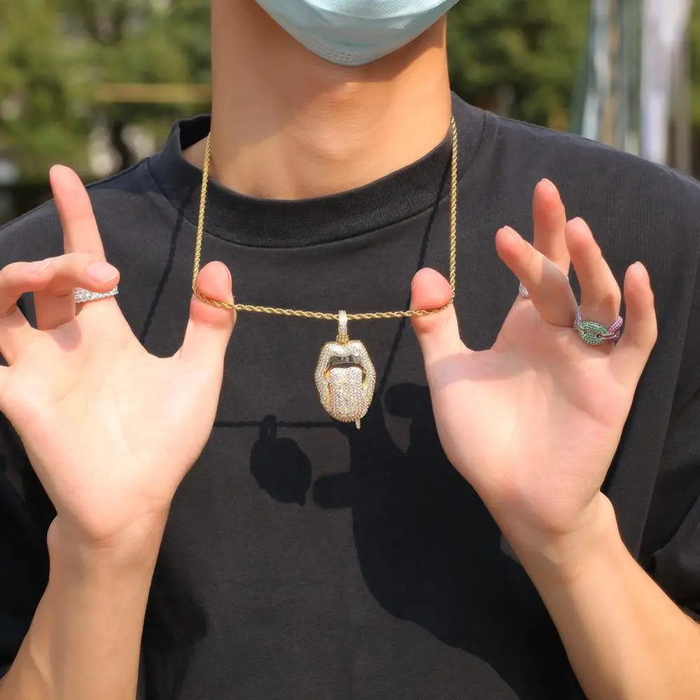 

TBTK Hiphop Dollar Sign On Tongue Pendant Necklace Paved Out Multi Color Cubic Zirconia Fashion Rapper Jewelry