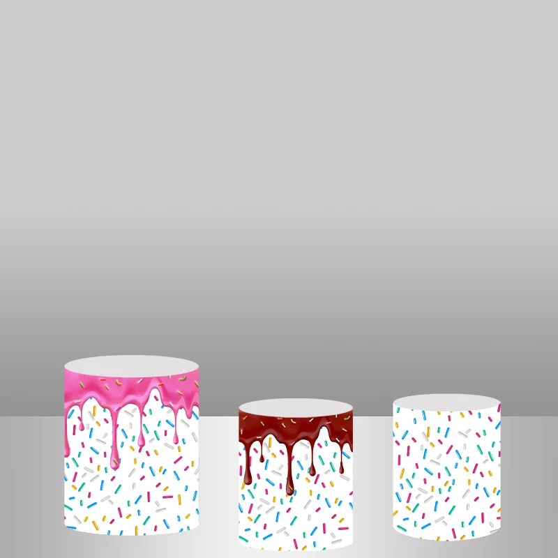 

Custom Kids 1st Birthday Photo Backdrops Donut Party Background Banner Candy Bar Plinth Cover Cylinder