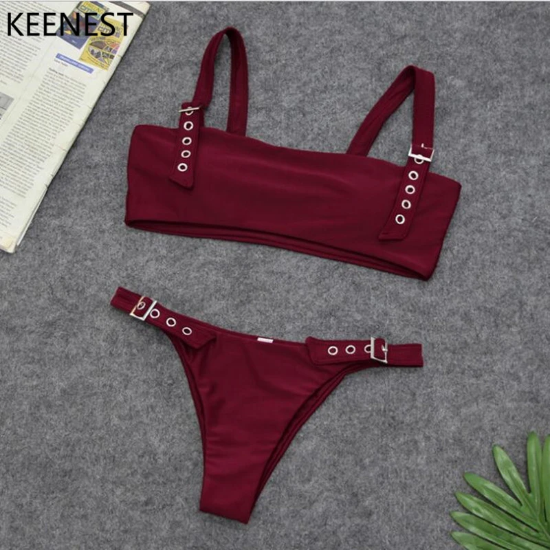KEENEST Sexy Bikini Brazilian Swimsuit Keyhole Swimwear Female Bathing Suit Buckle Bikini Women Thongs Biquinis - Цвет: Wine red
