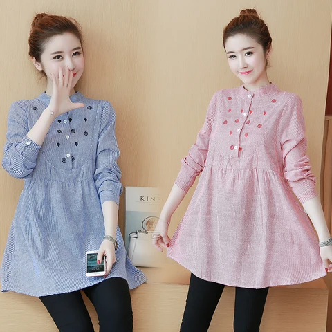 907# Embroidery Striped Ties Waist Maternity Blouses 2022 Spring Autumn Fashion Shirts Clothes for Pregnant Women Pregnancy Tops