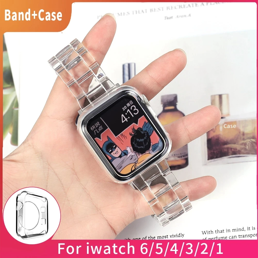 

Case+Strap For Apple Watch Correa 44mm 38mm 42mm 40mm Transparent Steel Bracelet Band For iWatch 7 6 SE 5 4 3 Band Accessories
