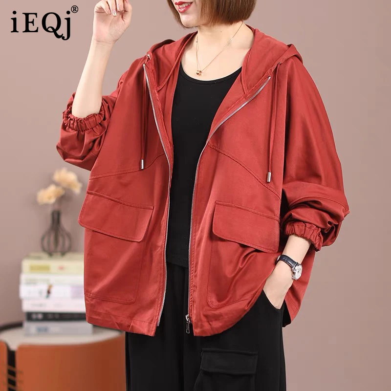 

IEQJ 2021 Autumn Winter New Hooded Zipper Jacket Female Long Sleeve Loose Solid Color Coat Women's Fashion Clothes 3W629