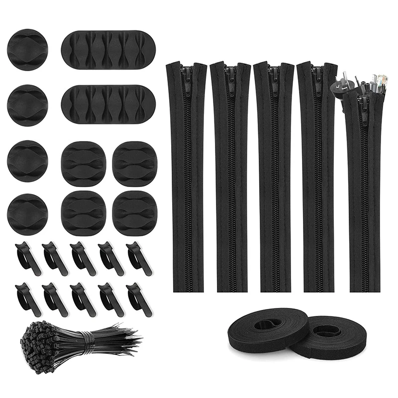 

127Pcs Cord Management Organizer Kit,Cable Sleeve with Zipper,Self Adhesive Cable Clip Holder,Roll Self Adhesive Tie,Etc