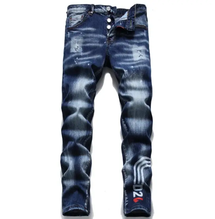 winter ragged paint jeans men's hombre джинсы мужские модные slim printed stretch trousers blue tight beggar pants