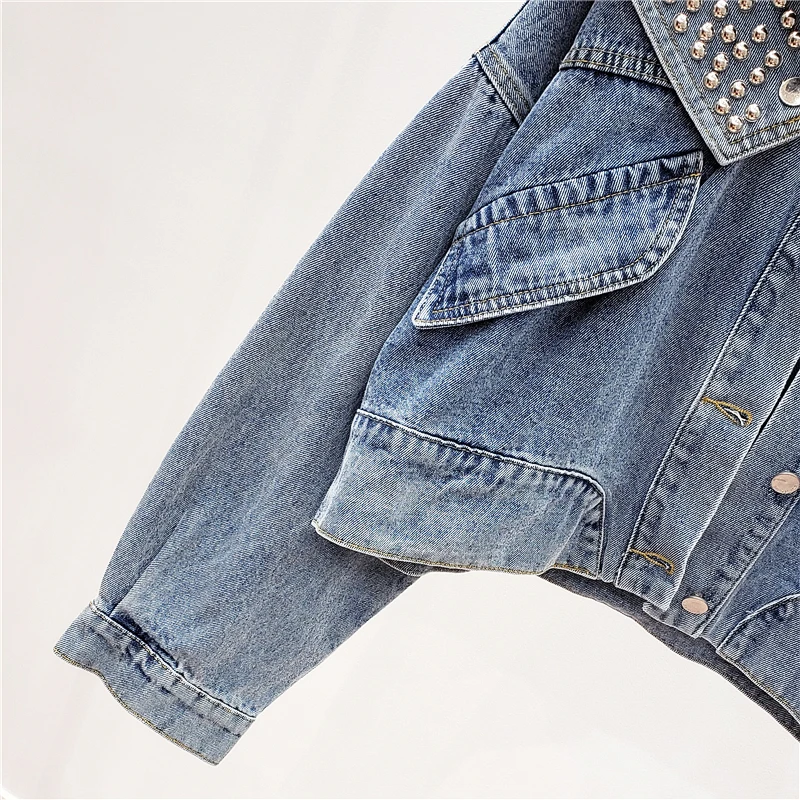 

Korean Fashion Removable Rivet Shawl Short Denim Jacket Women Vintage Blue Loose Casual Long sleeve Jeans Jacket Outwear Female