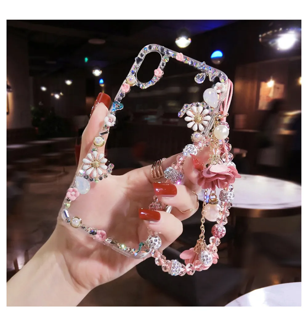 

Case for VIVO Y9S X30 X27 X23 X21UD X21i X20 Plus V15 V11 i Pro Cute Daisy Flower Diamond Phone Cover with Long Lanyard
