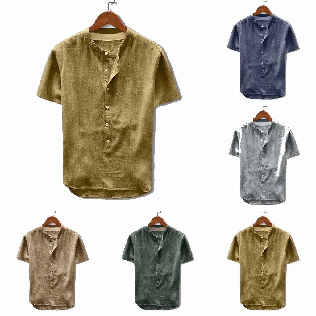 Мужская мешковатая рубашка льняная хлопковая однотонная блузка с коротким