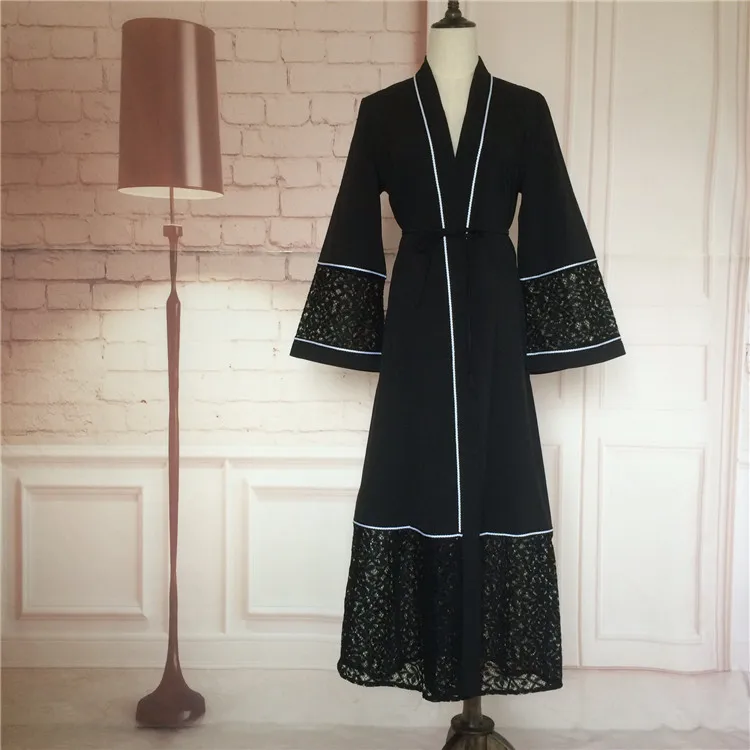 Женский мусульманский халат Abaya черный кружевной кардиган с длинными рукавами