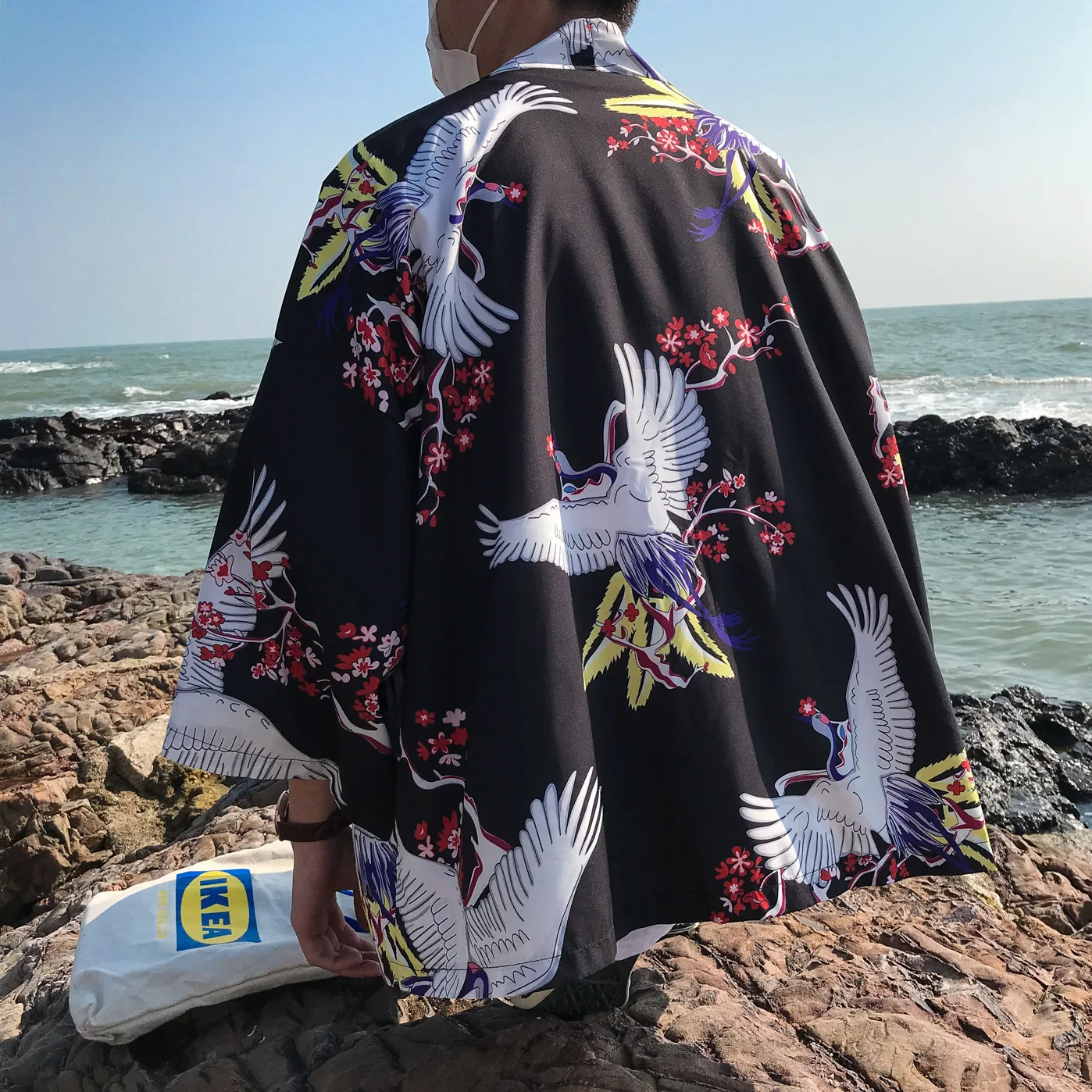 

Men Shirt Chinese Loose Thin Tang Tops Hanfu 3/4 Sleeve Cardigan Cotton Casual Coat Robe Gown Harajuku Japanese Ancient Kimono