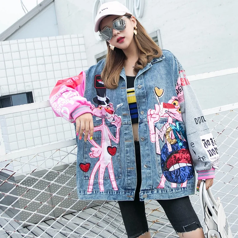 Женская джинсовая куртка с блестками свободная из денима мультяшным принтом 2021 |