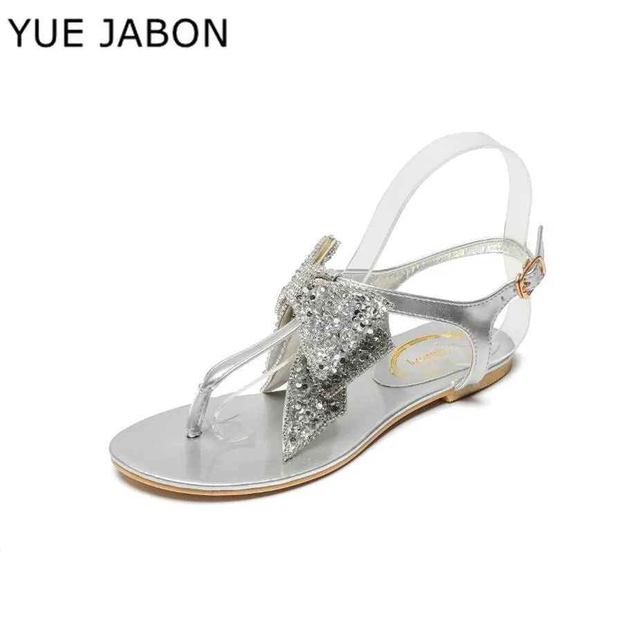 

Женские сандалии с бантом, серебристые или черные богемные шлепанцы, элегантная обувь, большой размер 43, для лета, 2021