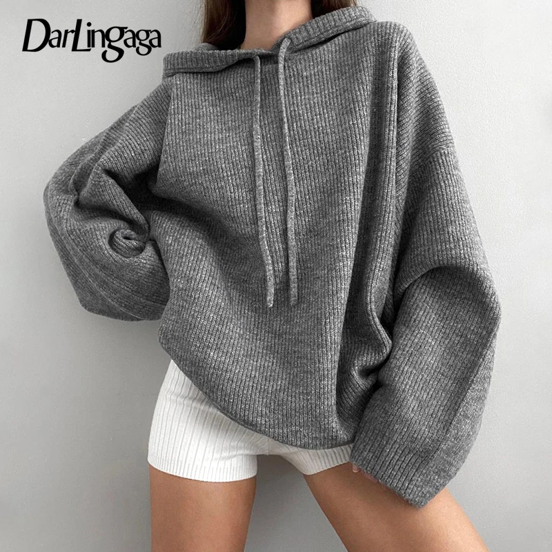 

Darlingaga Harajuku Grey Knnitted Hooded Oversized Sweater Women Korean Fashion Solid Loose Pullover Autumn Winter Outfits Cloth