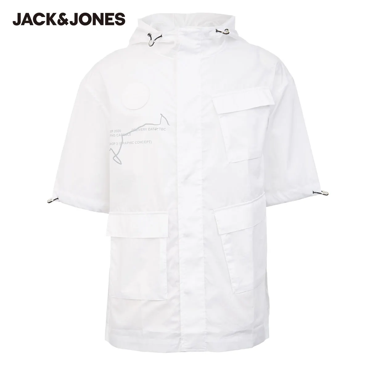

JackJones Men's Cotton Letter Printed Big Pocket Hooded Short-sleeved Cargo Shirt|220204510