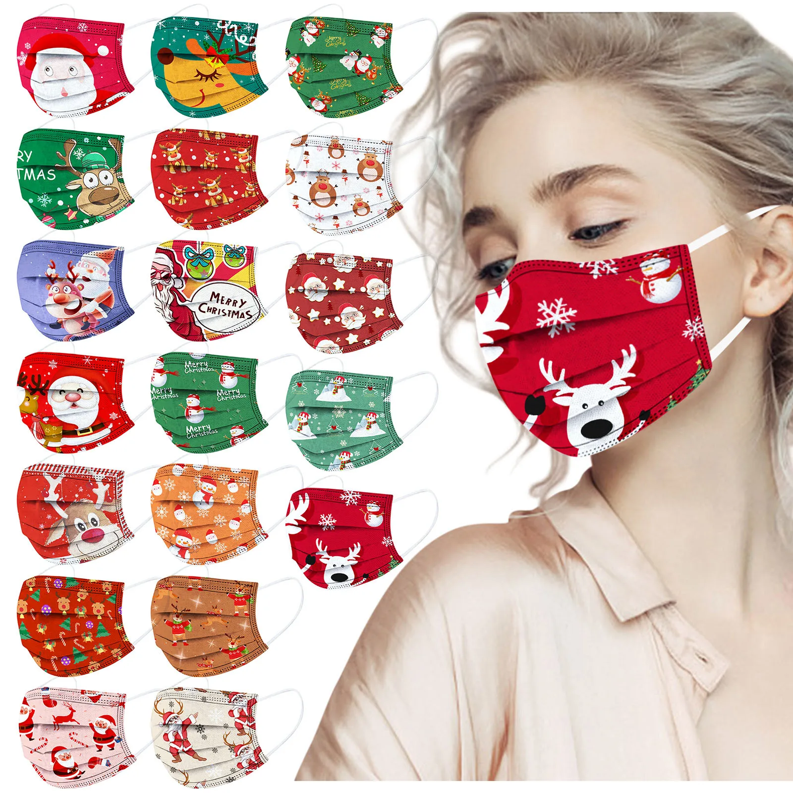 

10PC Adult Christmas Disposable Face Masks Women Xmas Santa Claus Elk Ugly 3ply Mouth Mask Face Cover Decoration