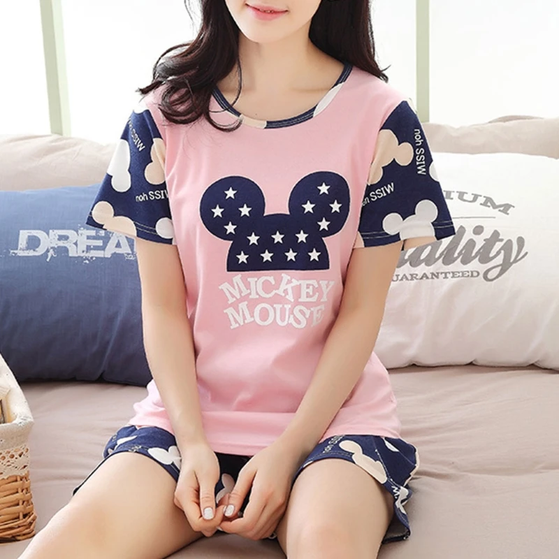 

Womens Cartoon Print Tee And Shorts Pajamas Set Sleepwear Short Sleeve Nightwear