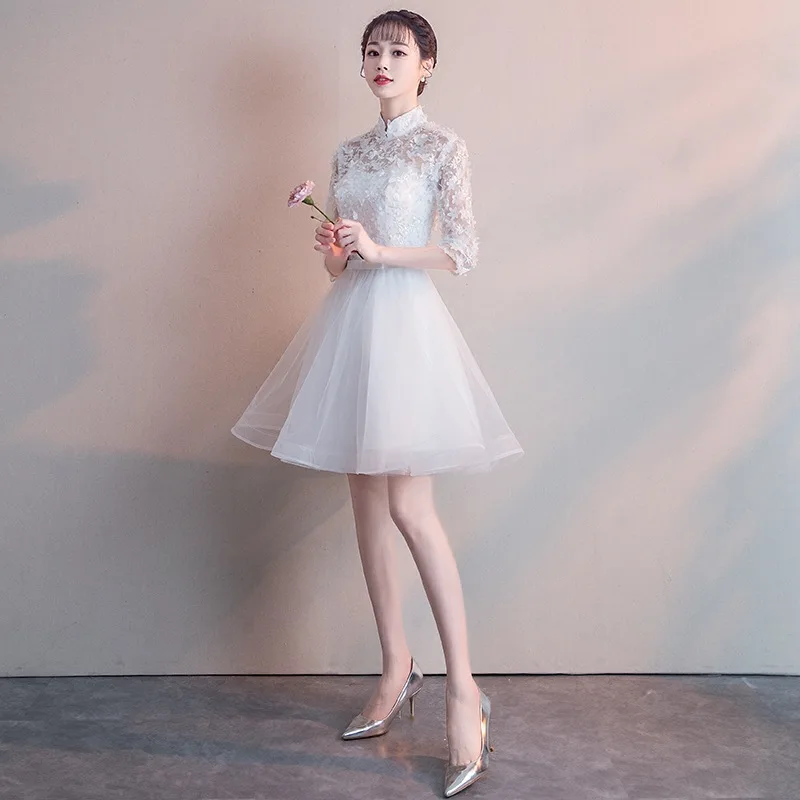 Винтажное Белое Женское платье Ципао длинное вечернее с воротником стойкой