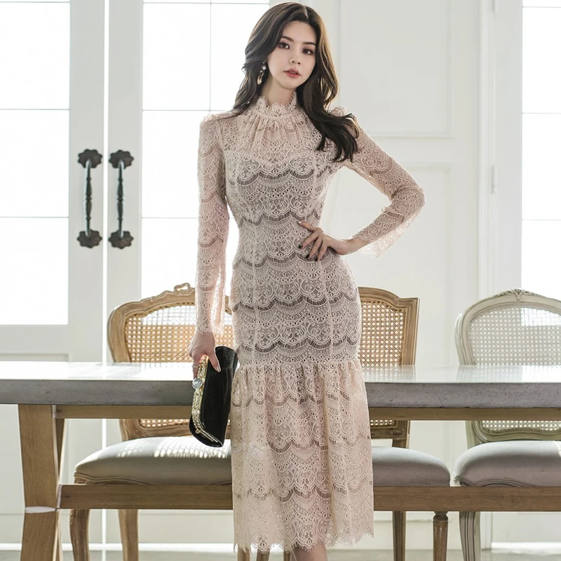 

Fashion women new arrival elegant ruffles cute formal dress vintage party sexy slim lace perspective office basic trumpet dress